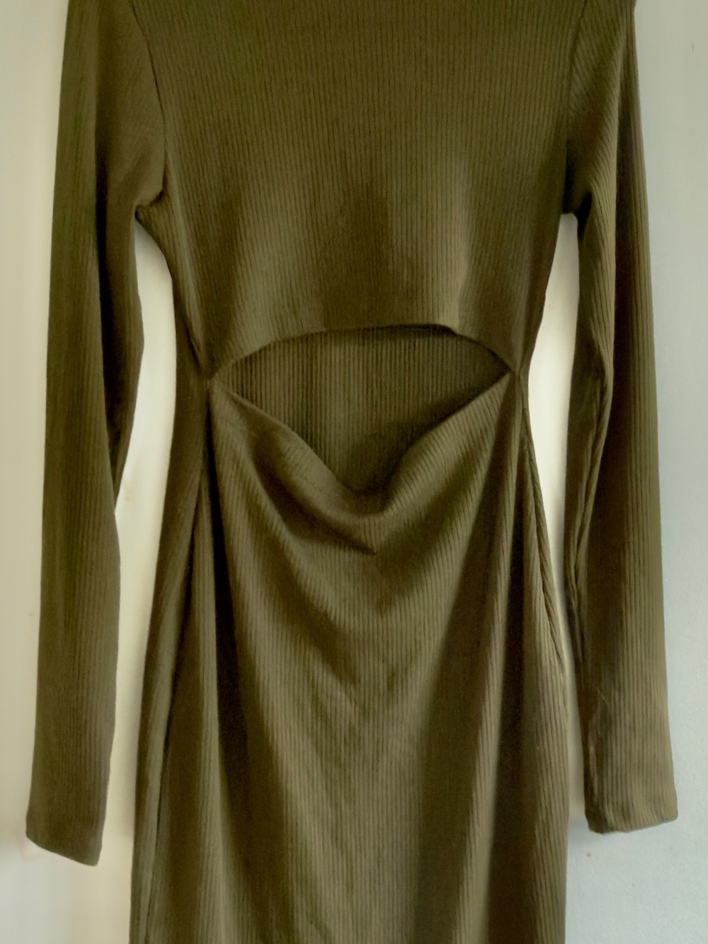 Tyche Olive Ribbed Long Sleeve Dress with Front Cutout